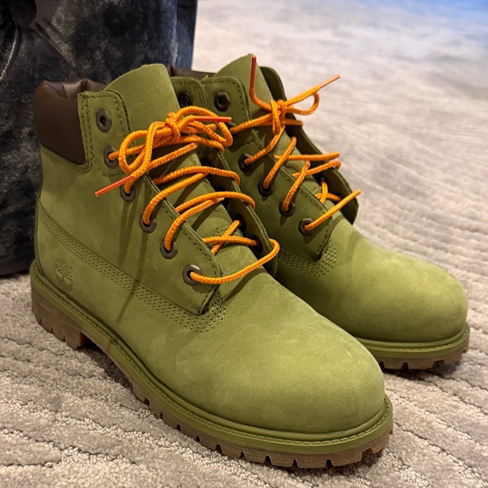 Timberland Kids Olive Boots with Orange Laces